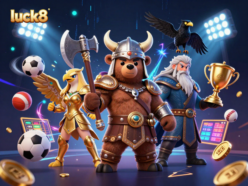 Luck8 invites players to bet big with dynamic game elements featuring a Viking bear, eagle, and sports icons.