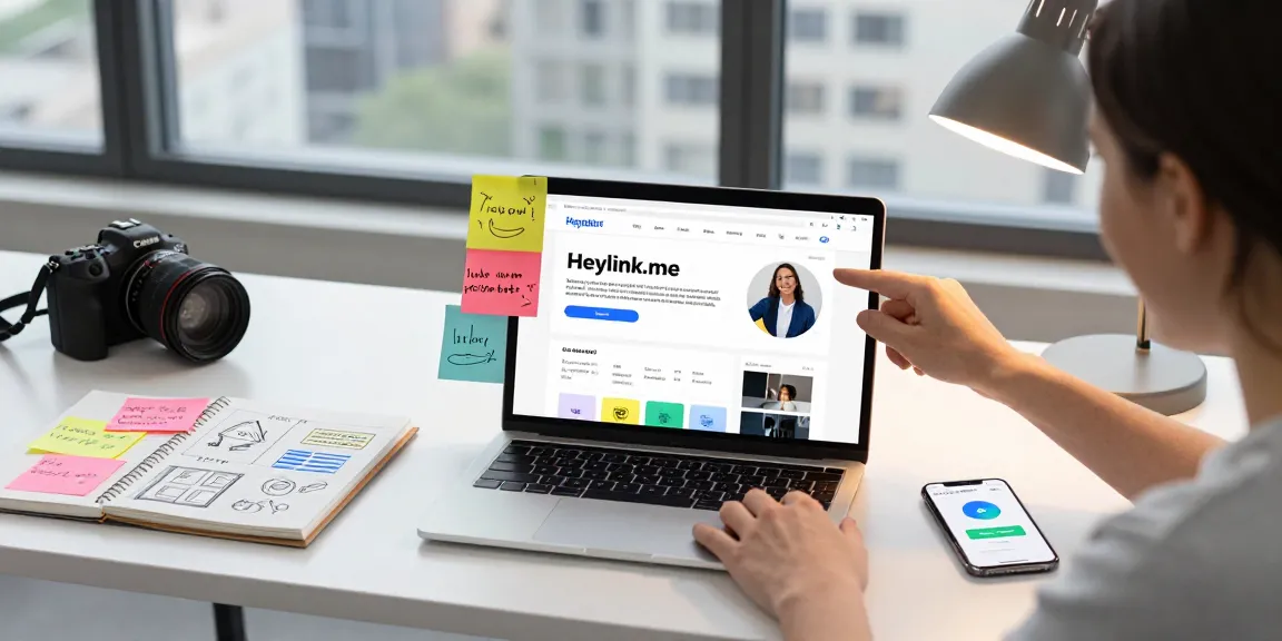 Pengguna membuat halaman Heylink.me pribadi dengan GEGESLOT di ruang kerja modern yang inspiratif.
