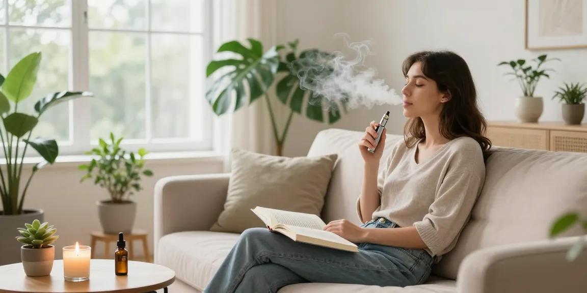 Explore strong THC vapes UK and organic wellness with vape pen and CBD oil in serene home setting.