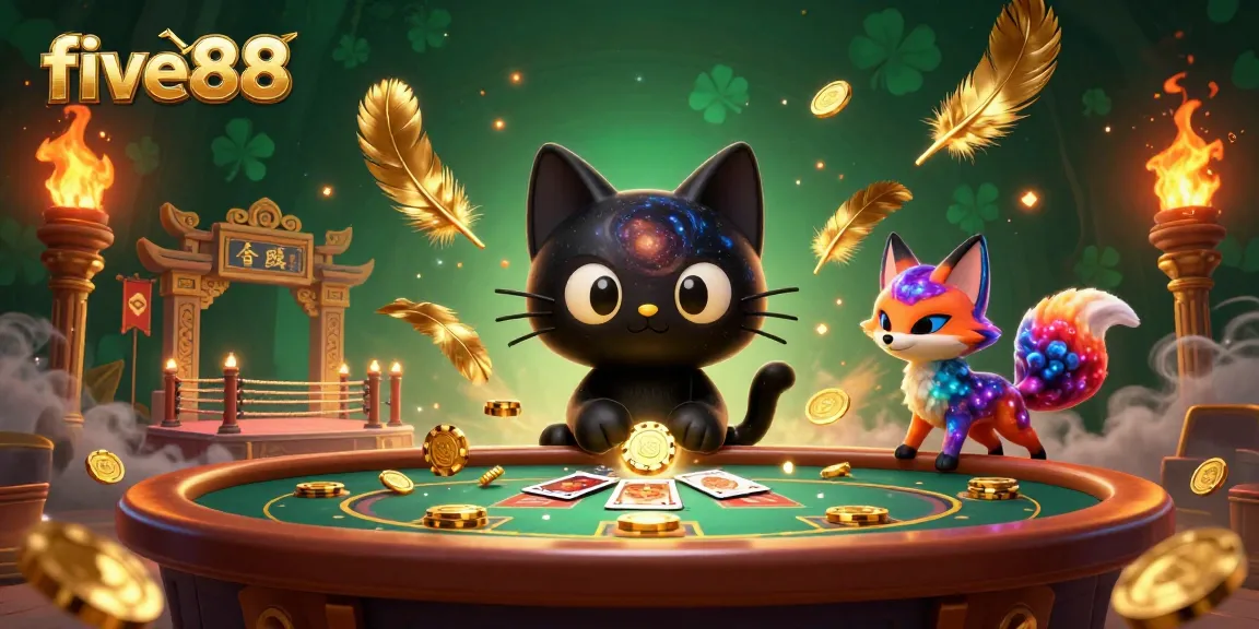 Engage in gaming excitement with five88 as a black hole cat attracts golden chips at a cosmic casino.