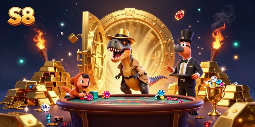 Experience thrilling casino action with S8's cartoon velociraptor card counter at a blackjack table.
