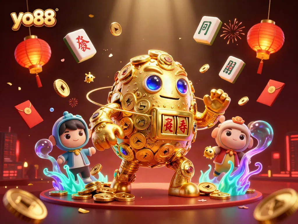 Experience thrilling gaming with yo88 featuring a dynamic ancient golden golem amidst colorful casino elements.