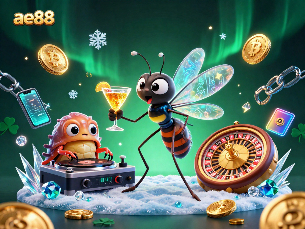 Experience ae88’s vibrant casino atmosphere with a dynamic scene featuring unique characters and cryptocurrency elements.