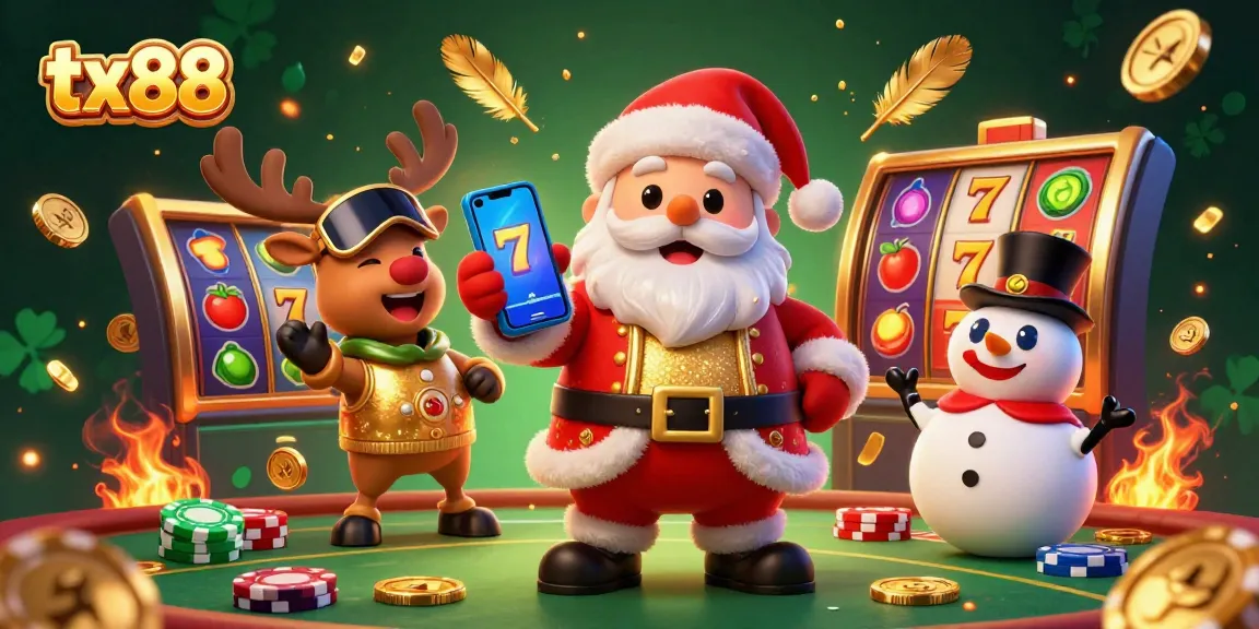 Join tx88 in this casino scene featuring Santa with a jackpot smartphone, festive characters, and vibrant casino elements.