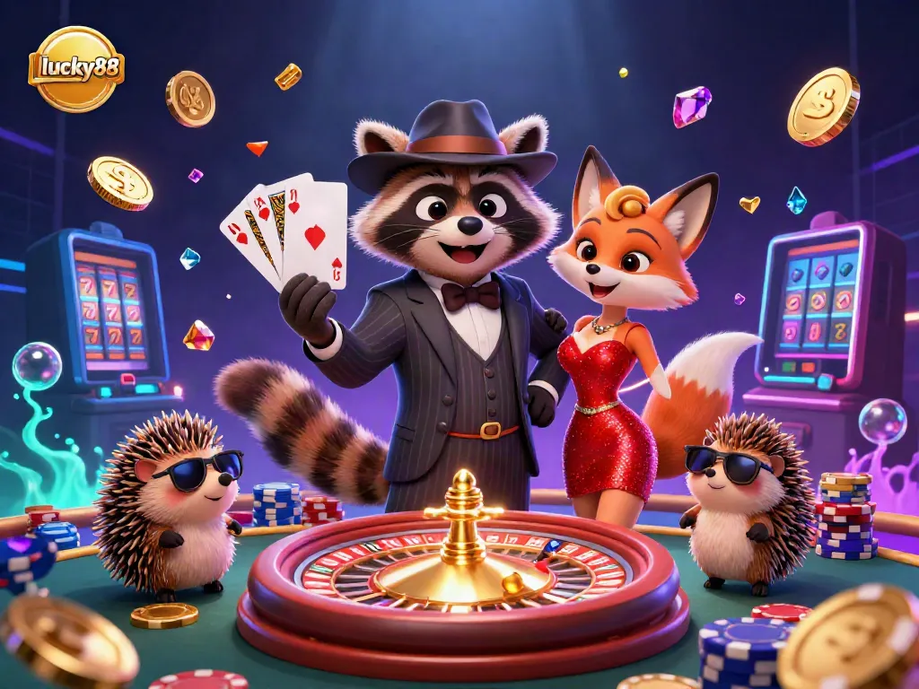 Experience thrilling moments with lucky88 as raccoon wins with a royal flush at a vibrant casino scene.