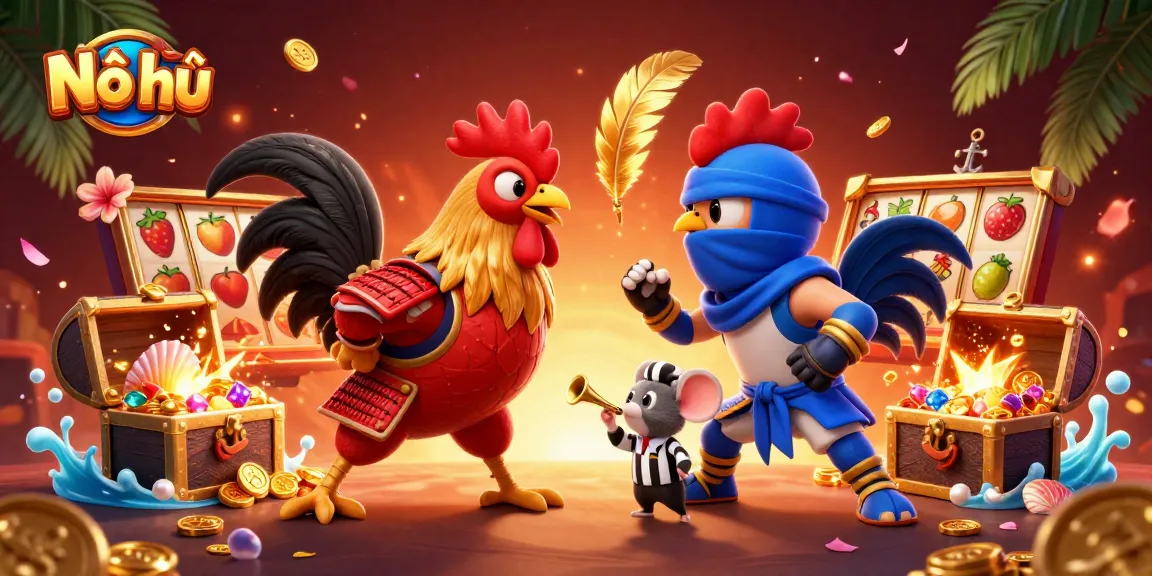 Nổ hũ unleashes a thrilling battle between cartoon roosters amid vibrant slot game elements.