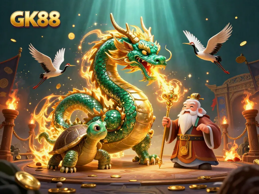 Experience thrilling excitement with GK88's 3D casino adventure featuring a jade dragon and lucky cranes.