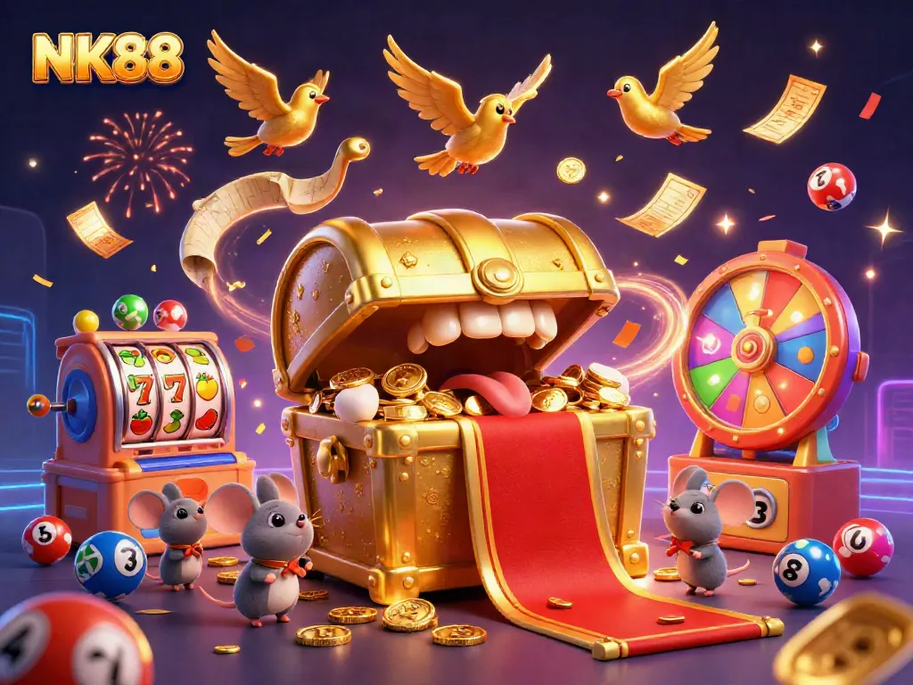 Spin the reels of NK88 and win big with vibrant slot elements and golden confetti.