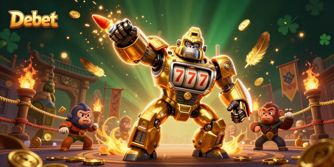 Debet showcases a thrilling 3D scene of a golden gorilla mech in action, surrounded by lively casino elements.