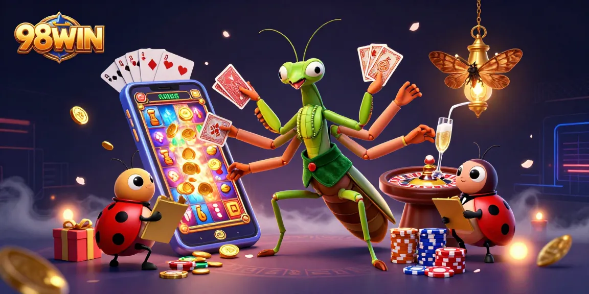 Experience thrilling gaming action with 98WIN at an animated casino scene featuring vibrant characters and colorful game elements.