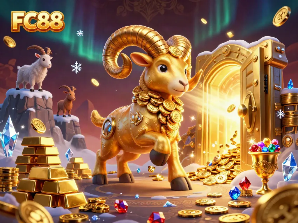 Experience thrilling gaming at FC88 with a massive golden ram charging through a treasure-filled scene.
