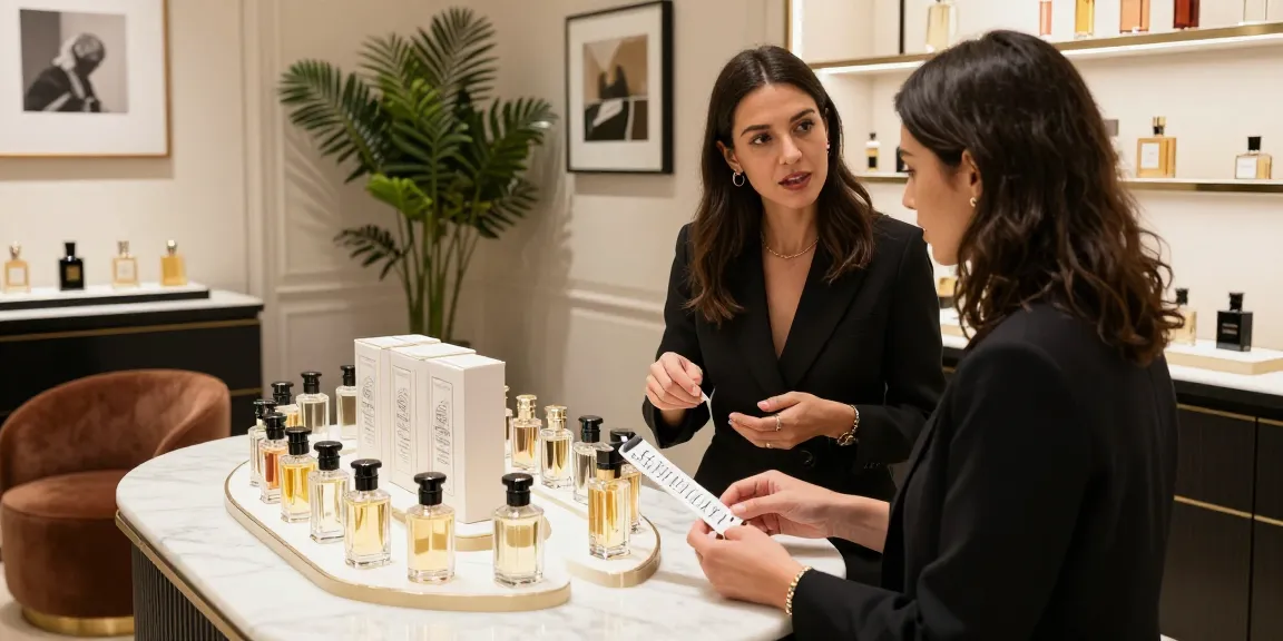 Maison Crivelli fragrance showcase with diverse scents, elegant customer exploring luxury perfume in boutique.