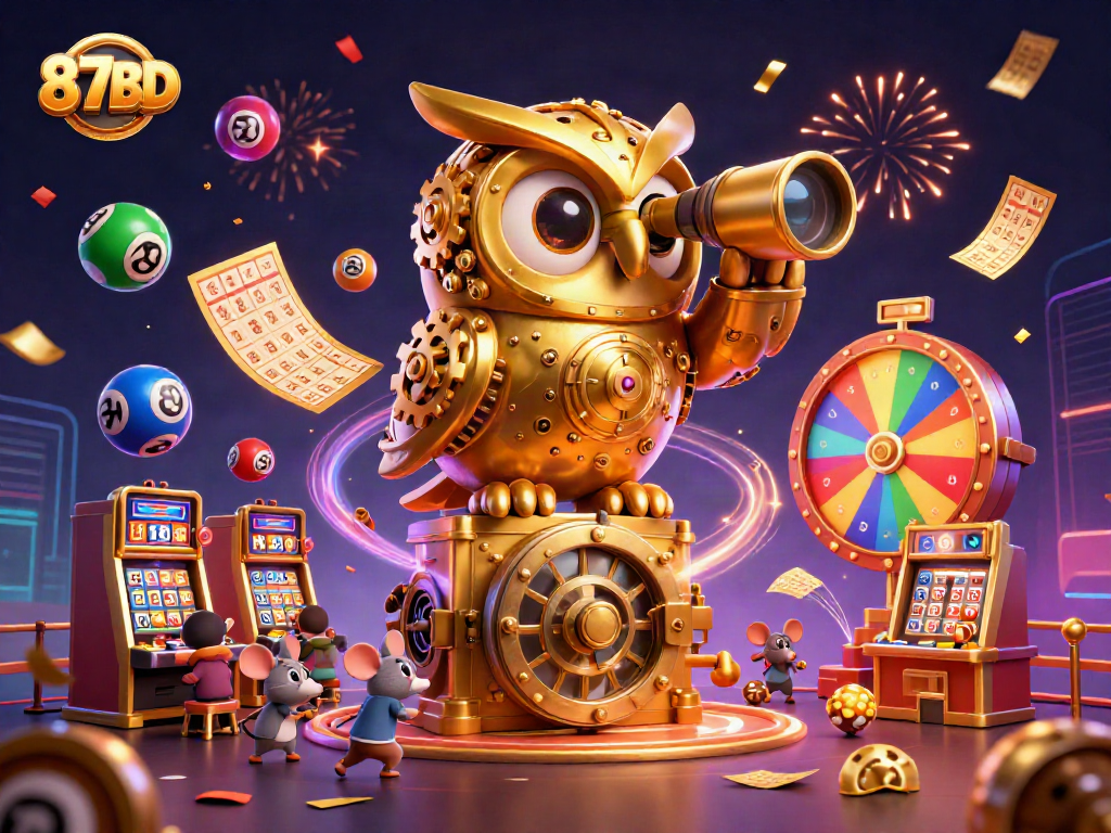 Experience the excitement of 87BD with vibrant lottery balls and animated casino elements.
