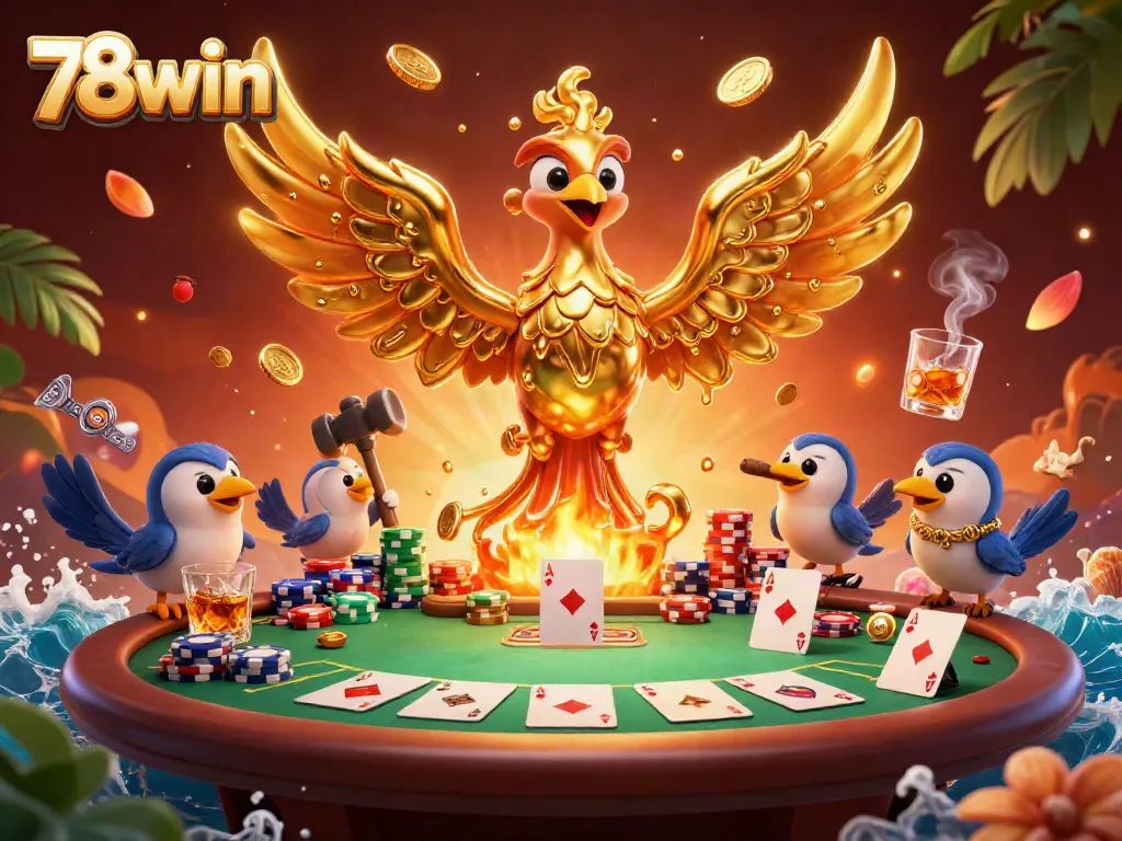 Experience thrilling wins at 78win with a vibrant 3D casino scene overflowing with poker excitement.
