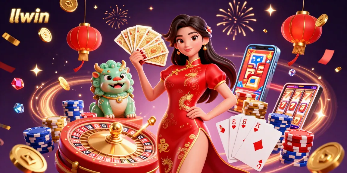 Experience thrilling gaming moments with llwin as a beautiful woman in qipao and jade lion guardian celebrate amidst dynamic casino elements.