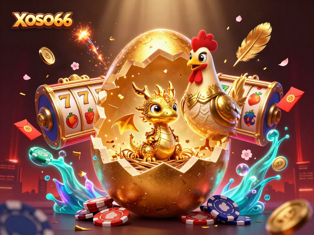 XOSO66 reveals a dazzling golden dragon amid vibrant casino elements, capturing the thrill of gambling.