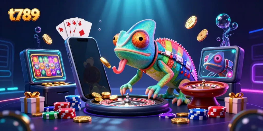 Experience the excitement of t789 with a colorful scene of animated gambling elements and a lively casino atmosphere.