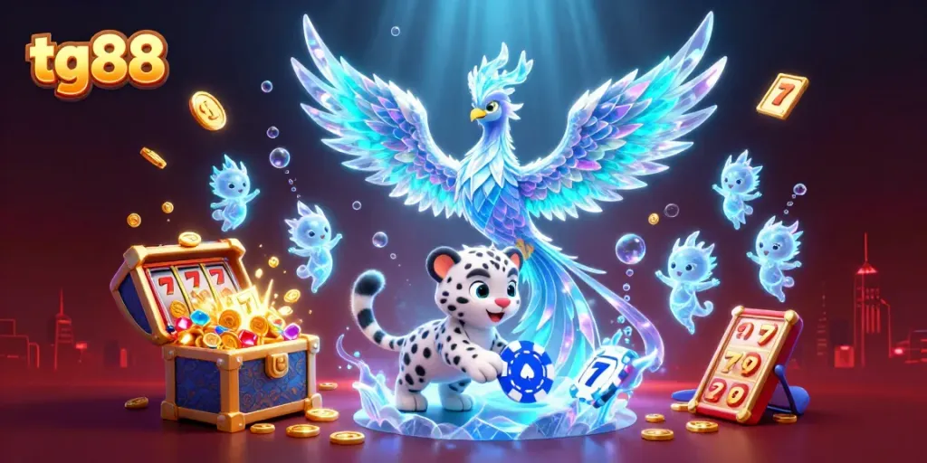 Experience the thrilling slots at tg88 featuring an ice phoenix and dynamic casino elements.