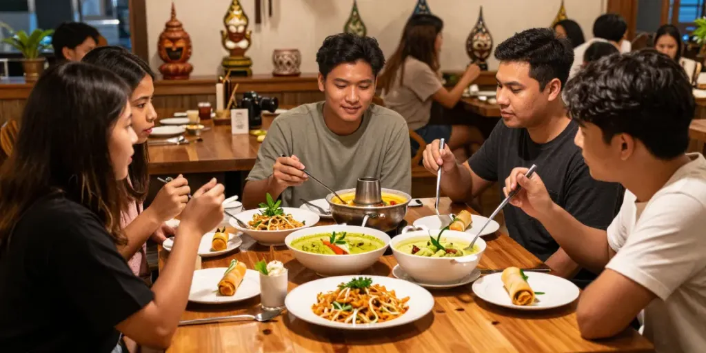 Friends enjoying a feast at kinalyrestaurant.com, featuring vibrant Thai dishes in a cozy setting.