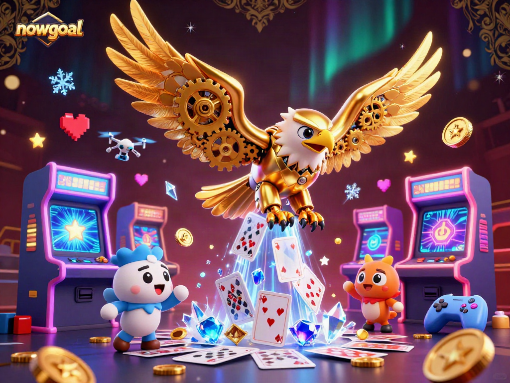 Engage with nowgoal's vibrant gaming universe featuring a golden eagle among holographic cards.