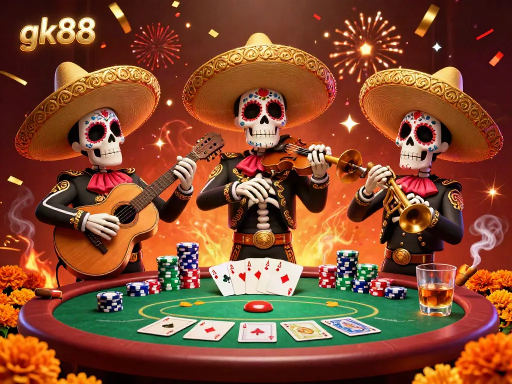 Engage with exciting gk88 gaming moments featuring a colorful mariachi band surrounded by poker elements and festive confetti.