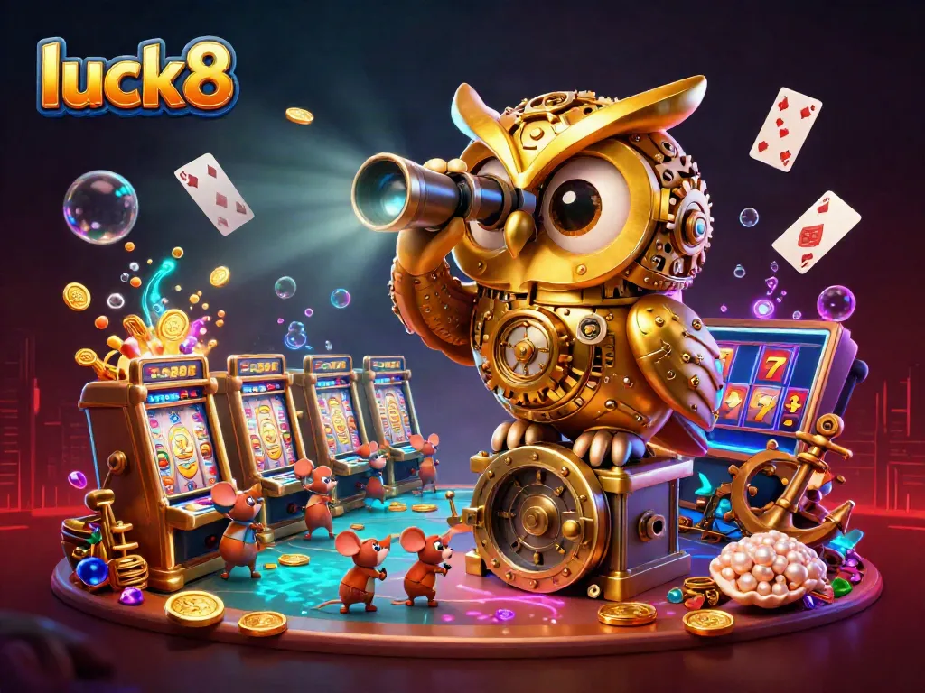 Experience the mesmerizing casino atmosphere at Luck8 with a dynamic owl and whimsical mice in vibrant illustration.