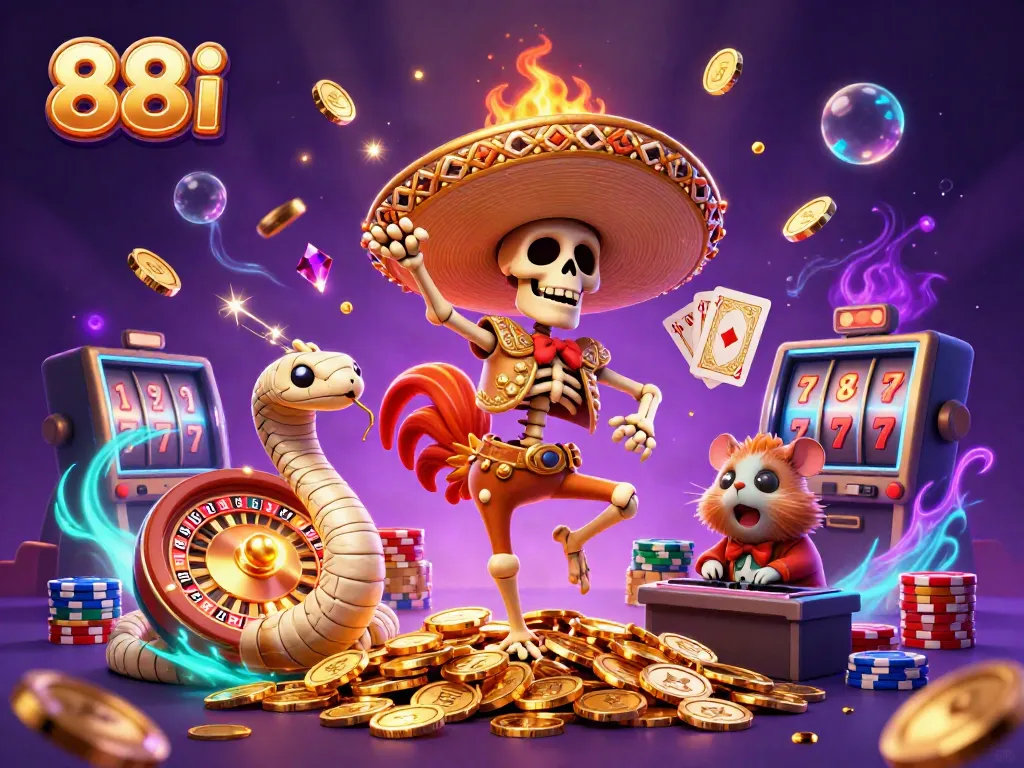 88i celebrates wins with a lively 3D scene featuring characters, coins, and casino elements.