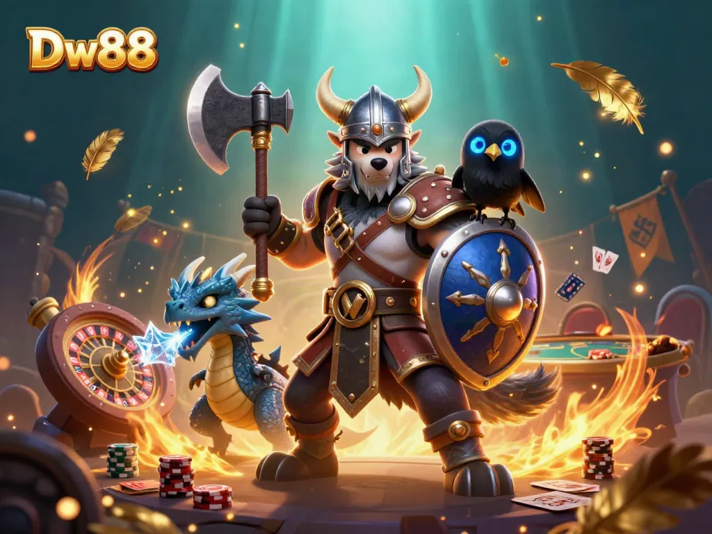Experience thrilling gameplay at Dw88 with a Viking warrior, dragon, and gambling elements in vibrant 3D art.