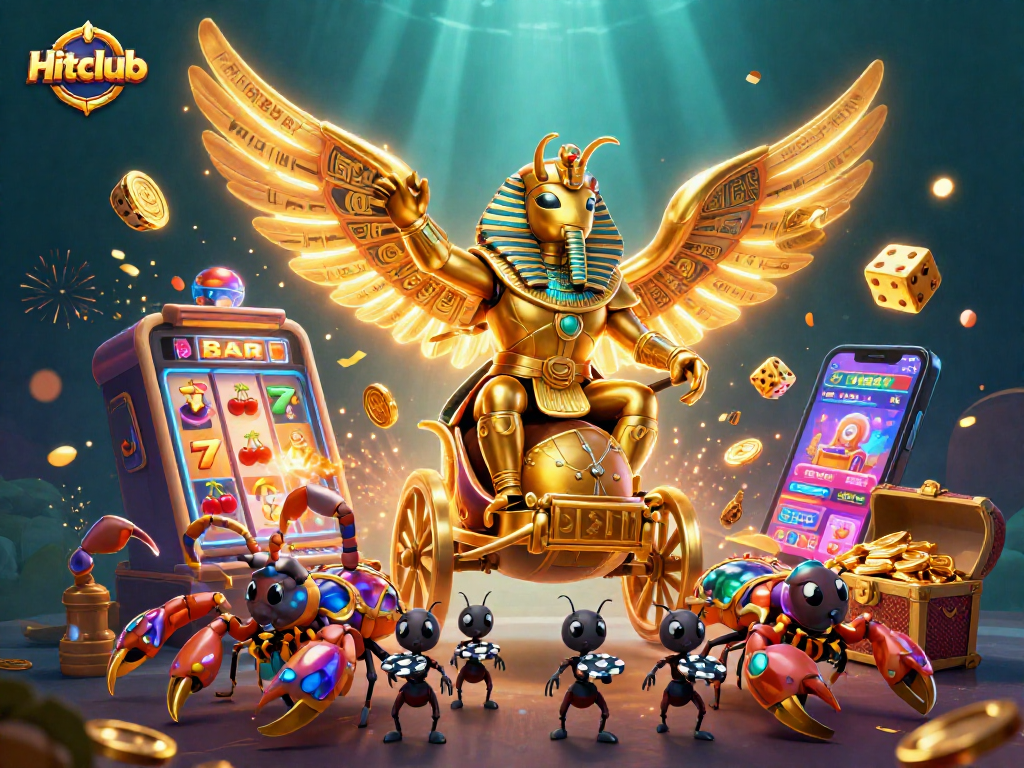 Experience thrilling wins at Hitclub with a fantastic 3D casino-themed illustration featuring vibrant gaming elements.