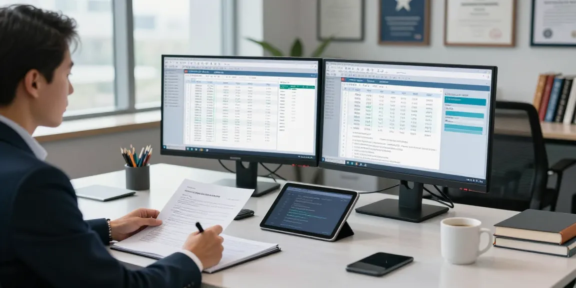 Forensic audit workspace at aafikotamedan.org, showcasing auditors analyzing data with dual monitors, highlighting professional audit environment.