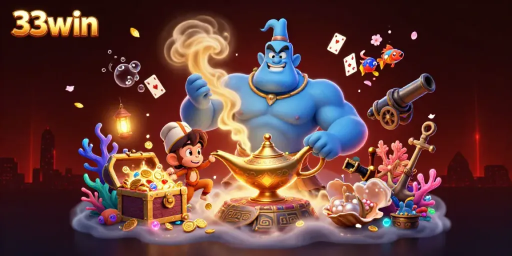 Experience the magic of 33win with a genie, treasures, and vibrant casino elements.
