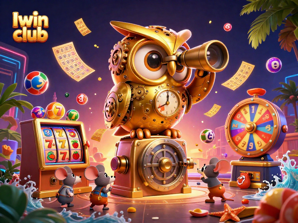 Iwin club showcases an animated scene of a golden owl and casino fun with vibrant lottery elements.