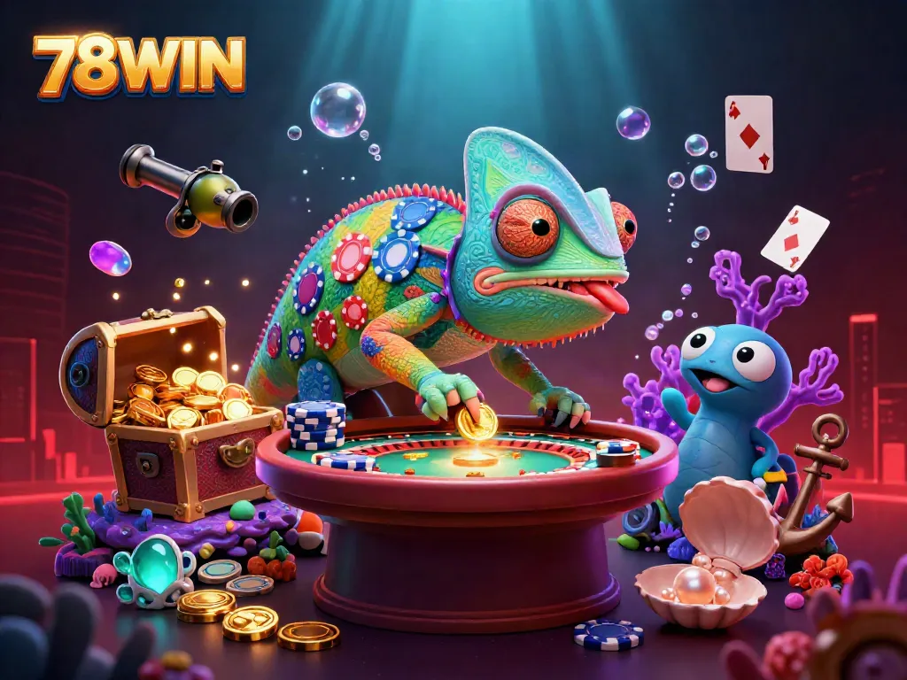Experience the thrilling world of 78WIN with a vibrant 3D chameleon casino owner and dynamic game elements.