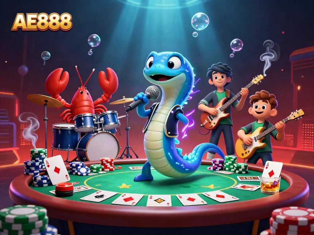AE888's electric eel DJ entertains players at an underwater casino filled with poker excitement.