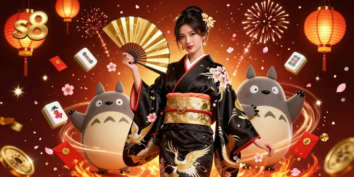 S8 offers a vibrant casino experience featuring a woman and a tanuki amidst festive gaming elements.