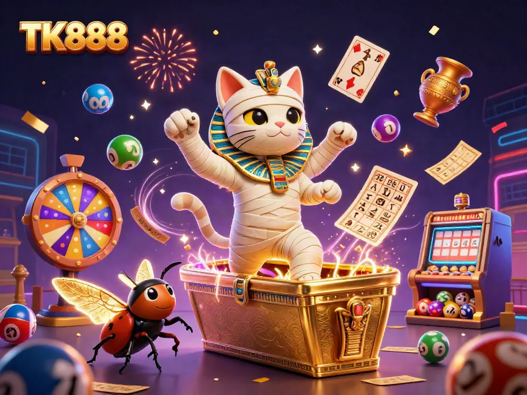 Experience the excitement of TK888 as an Egyptian mummy cat bursts from a golden sarcophagus amidst vibrant gaming elements.