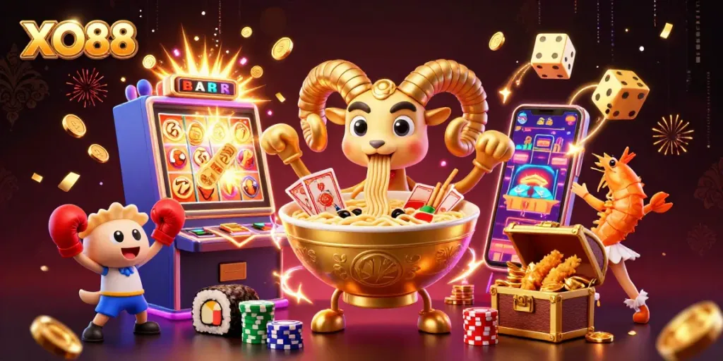 Experience thrilling gameplay with XO88 in a vibrant 3D casino scene featuring dynamic characters.