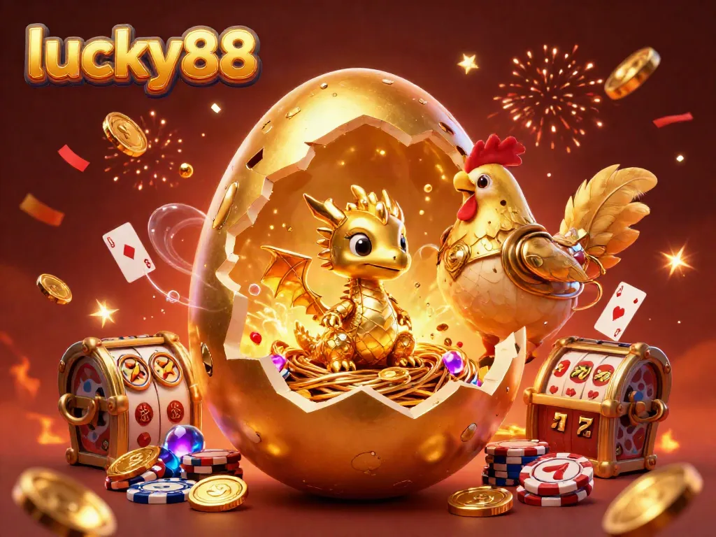 Engage with lucky88 by experiencing the thrilling casino atmosphere with gold, dragons, and vibrant game elements.