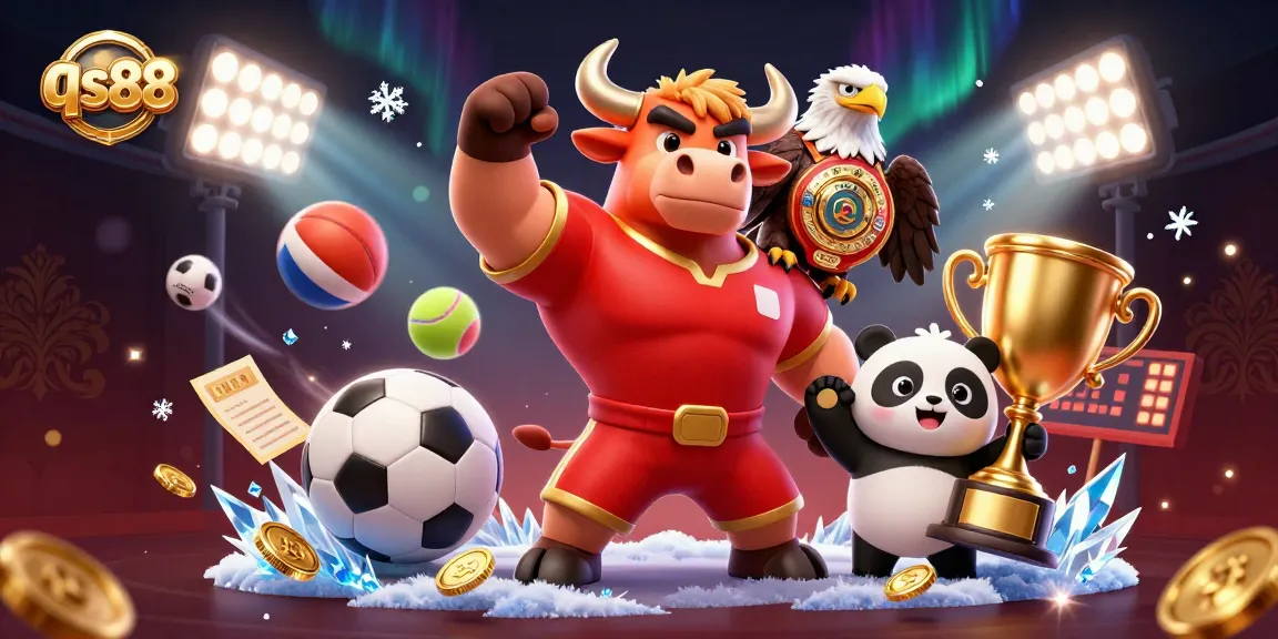 qs88 showcases a victory celebration with cartoon bull, eagle, and panda in a vibrant casino backdrop.