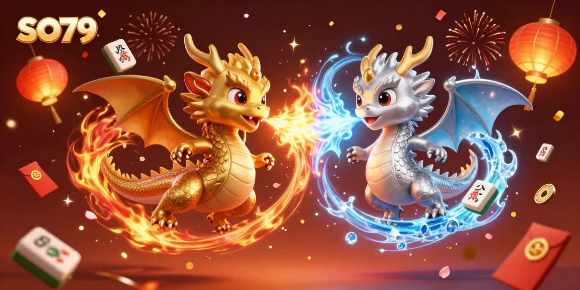 Experience thrilling moments with SO79 as golden and silver dragons battle amidst vibrant casino elements.