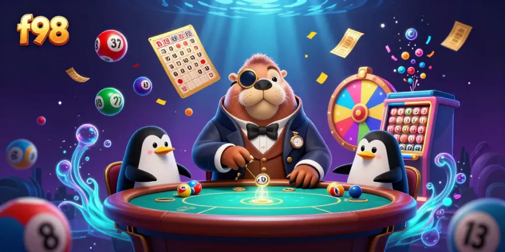 Experience f98 with a jolly walrus at an underwater casino poker game.