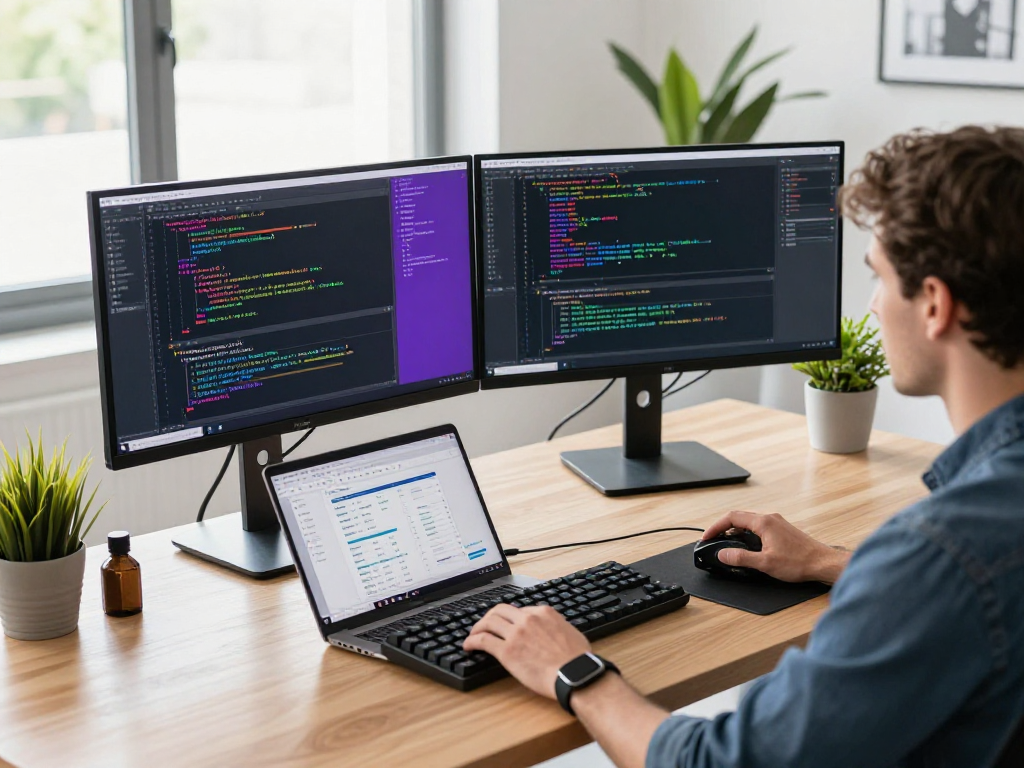 Innovative workspace showcasing a developer coding with net88 technology at modern standing desk