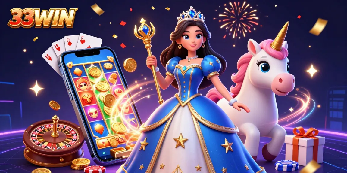 Experience thrilling gaming at 33WIN with captivating characters and dynamic casino elements in a vibrant digital illustration.