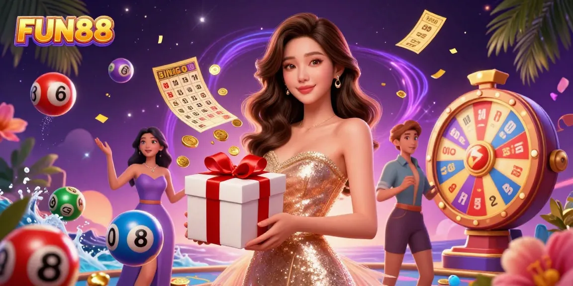 Experience the thrill of FUN88 with dynamic gaming elements in a vibrant casino scene.