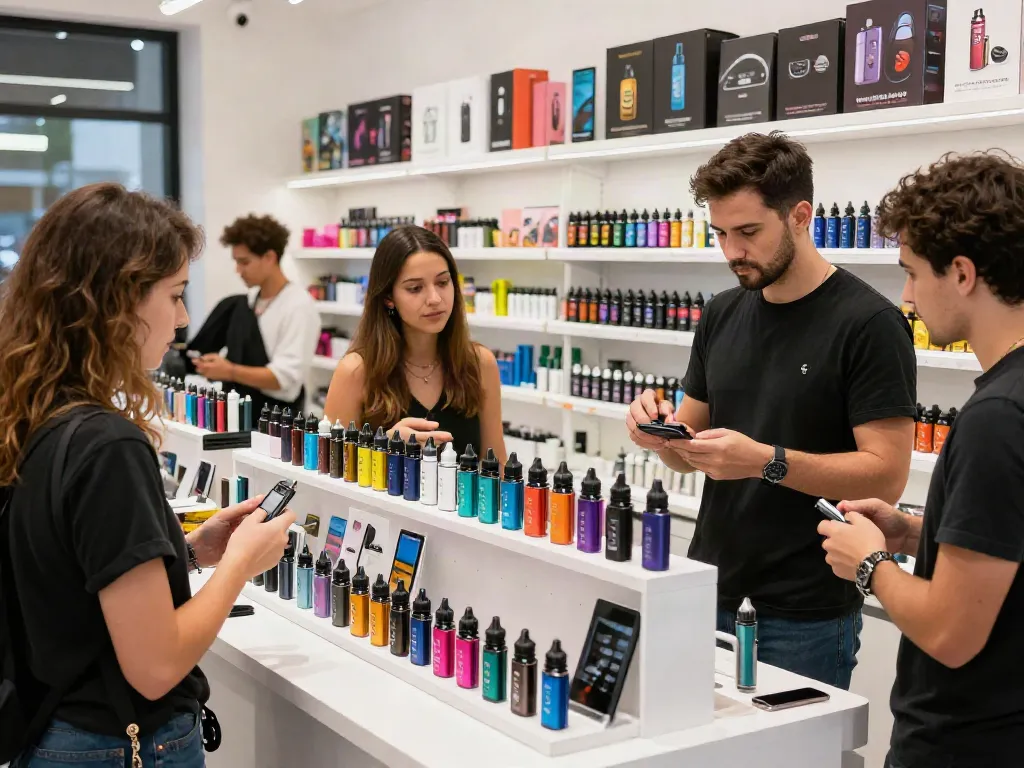 Customers exploring vape products in a vibrant shop while discussing whether are vapes banned in the uk.