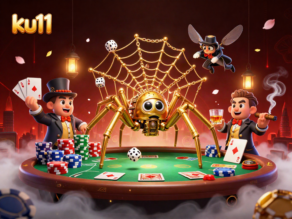 Engage with ku11's vibrant casino scene featuring a steampunk spider and poker elements.
