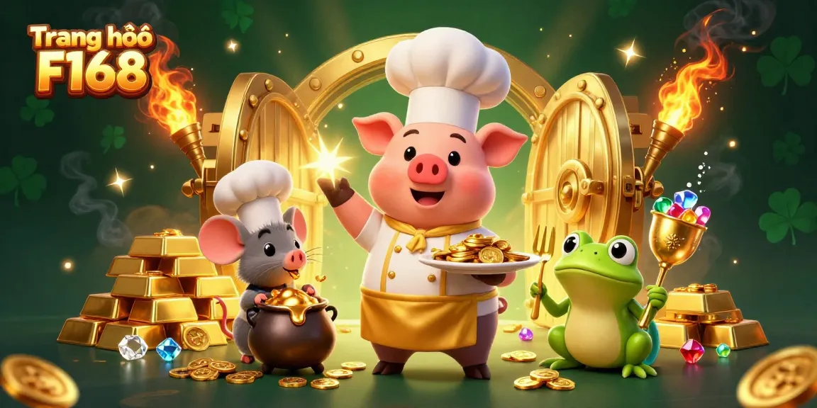 Experience the excitement of Trang chủ F168 with pig chef serving gold coins, surrounded by jewels and vibrant casino action.