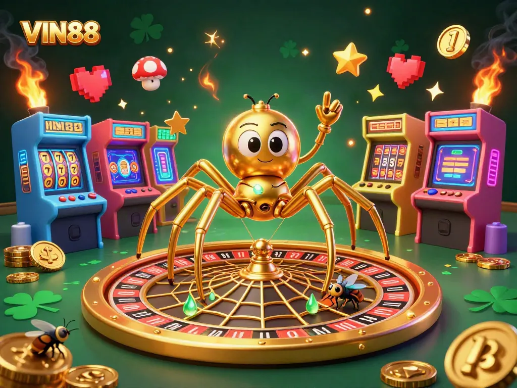 Engage with VIN88's thrilling casino games in a vibrant 3D illustration featuring unique cartoon elements.
