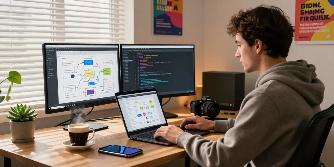 Build internal tools with AI in a cozy home office, showcasing coding and tool design.