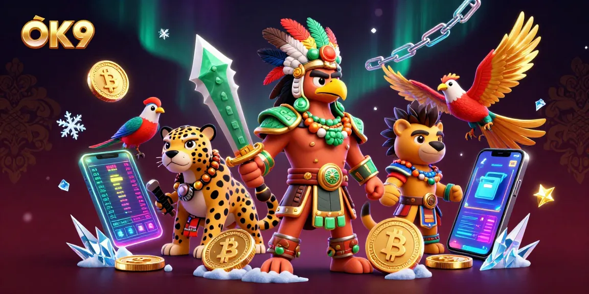 Join the OK9 gaming adventure with an Aztec warrior and jaguar, surrounded by crypto symbols.